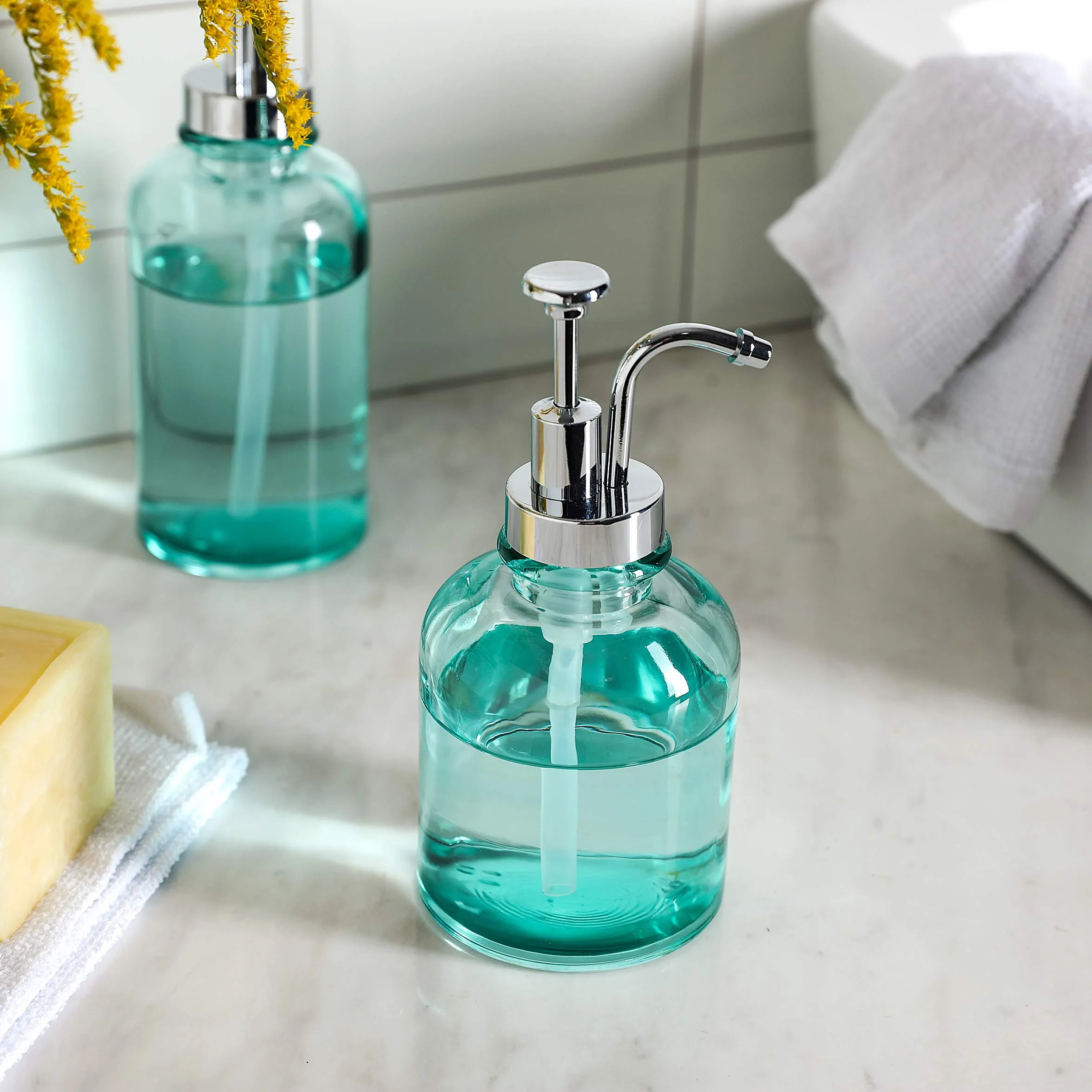 Clear Glass Soap Lotion Dispenser Set, Unique Design Pump, for Bathroom, Kitchen