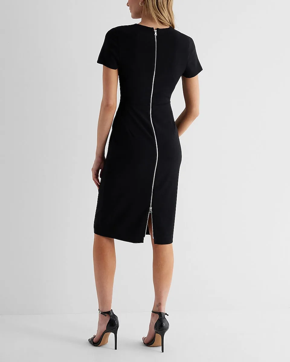 Crew Neck Back Zipper Midi Sheath Dress in Pitch Black