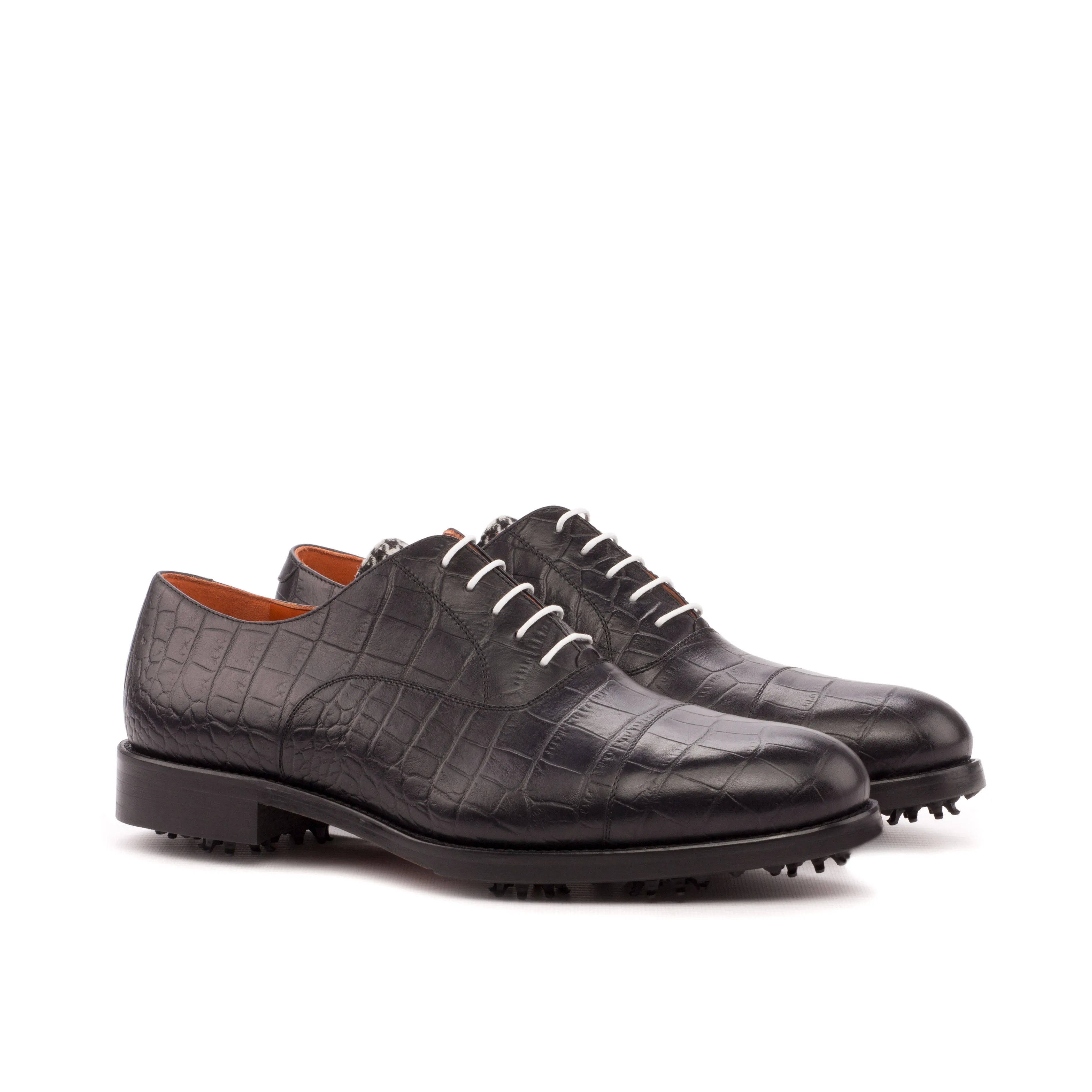 DapperFam Rafael Golf in Black / Houndstooth Men's Italian Croco Embossed Leather & Sartorial Oxford