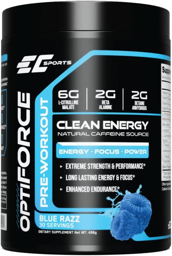 EC Sports, OptiForce Preworkout , 30 Servings, Icey Blue Raspberry, 6G Citrulline Mallate, 2G Beta Alanine, 2G Betaine Anhydrous, Natural Caffeine