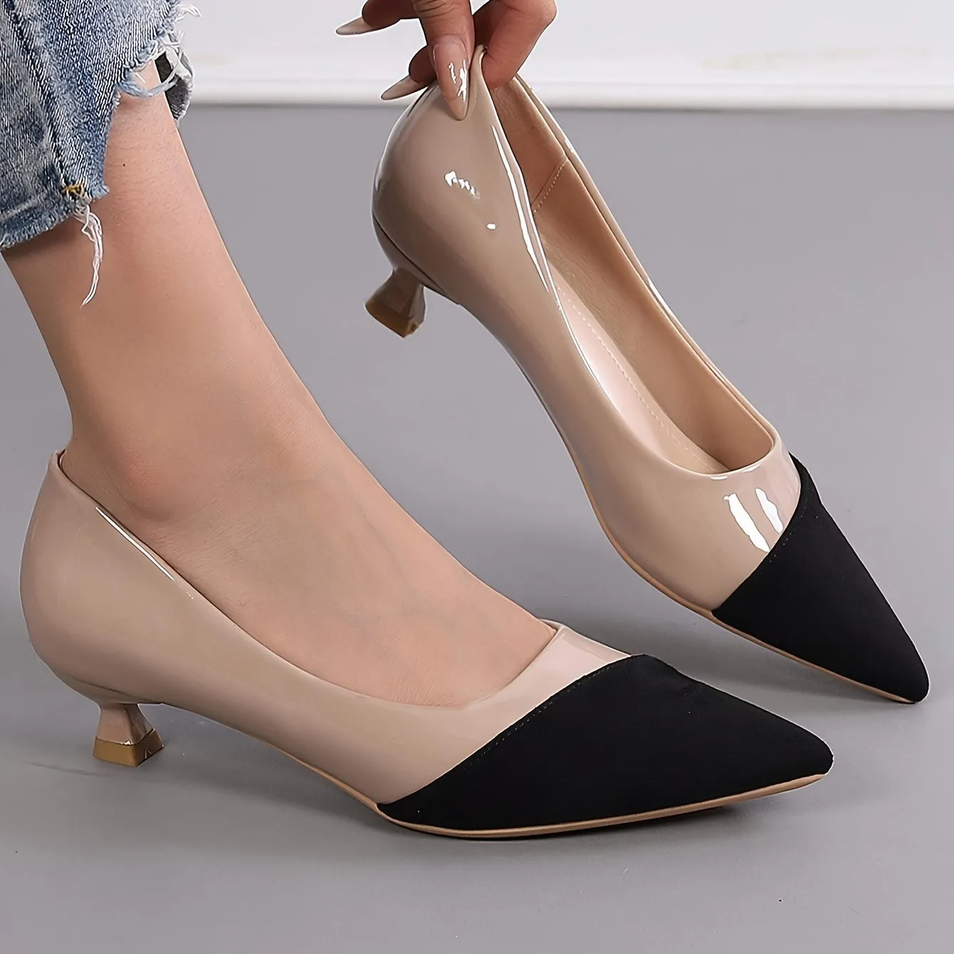 Elegant Women's Mid Heel Pumps: Contrast Pointed Toe, Chic Slip-On, Versatile Flare Heel for All-Season Wear