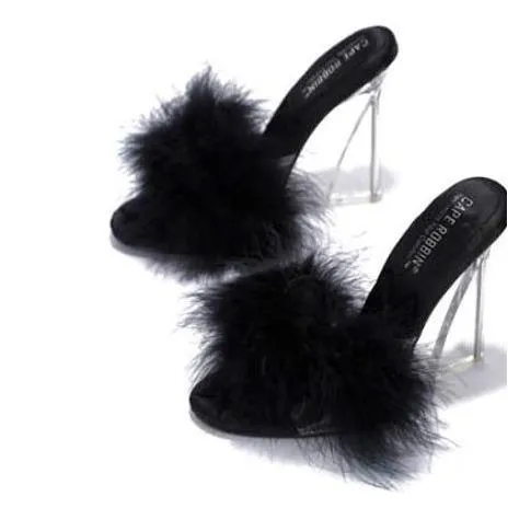 Emberly Faux Feather Mule - Black