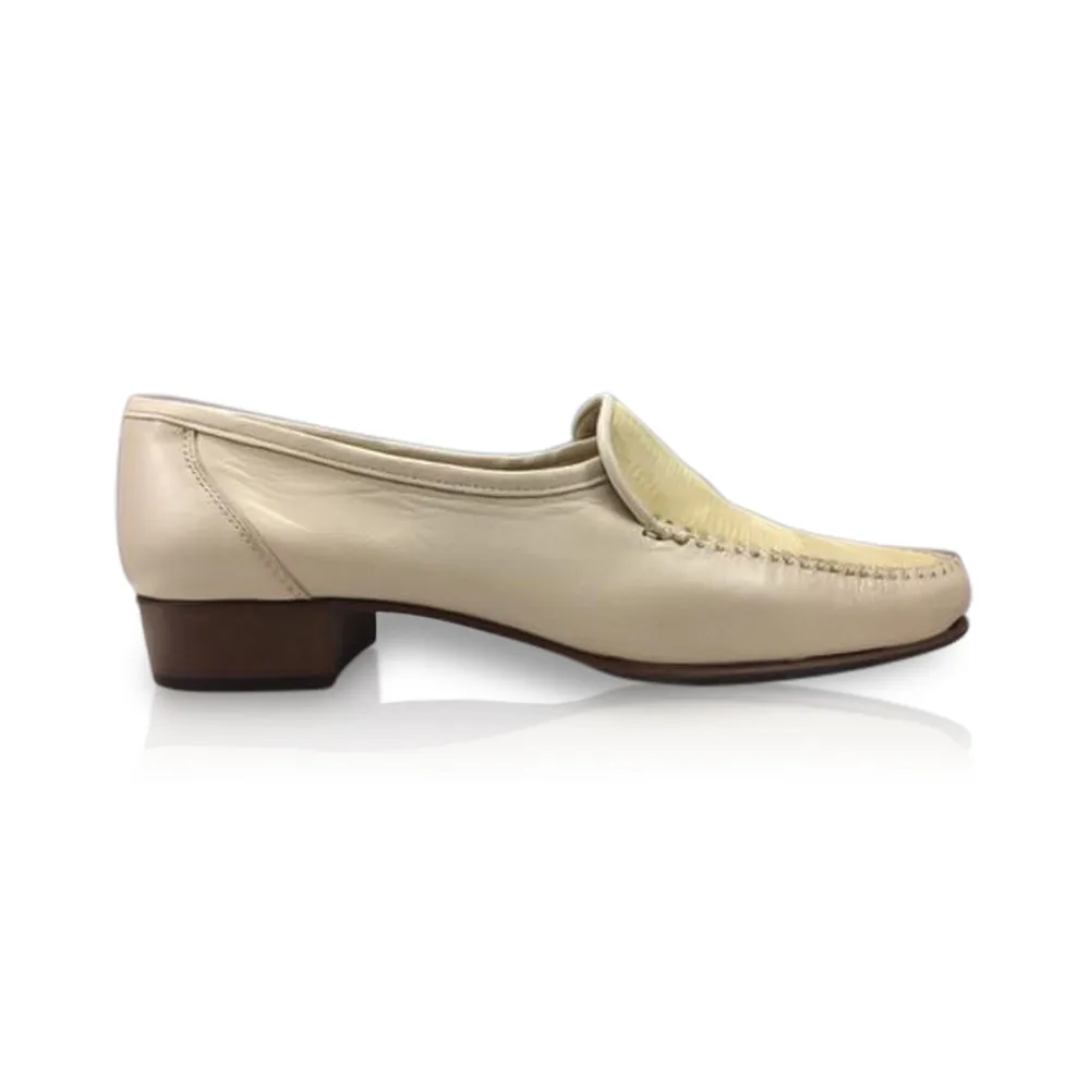 Estelle Beige Moccasin Leather Low Heeled Shoes