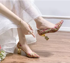 Exotic Merlot Paisley Print Beaded Court Heels