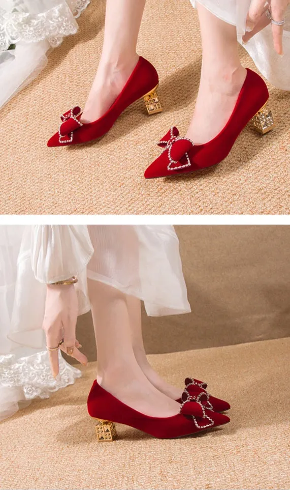 Exotic Red Bow Embellished Court Heels