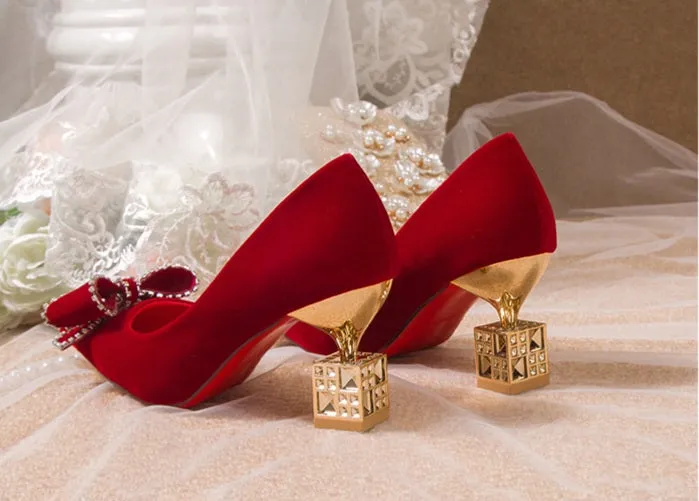 Exotic Red Bow Embellished Court Heels