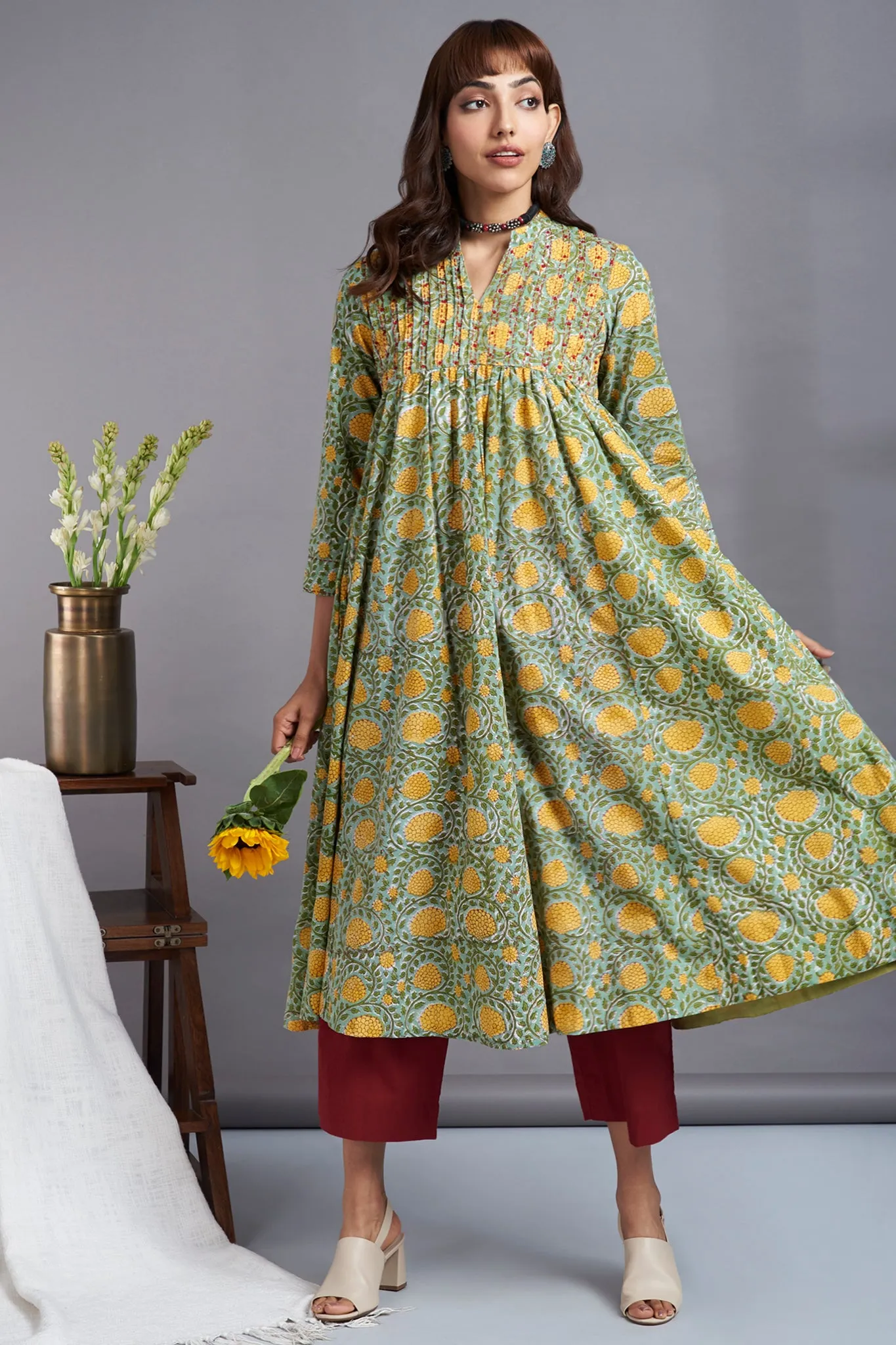 flamboyant garden -  pintuck yoke collar anarkali with hand embroidery