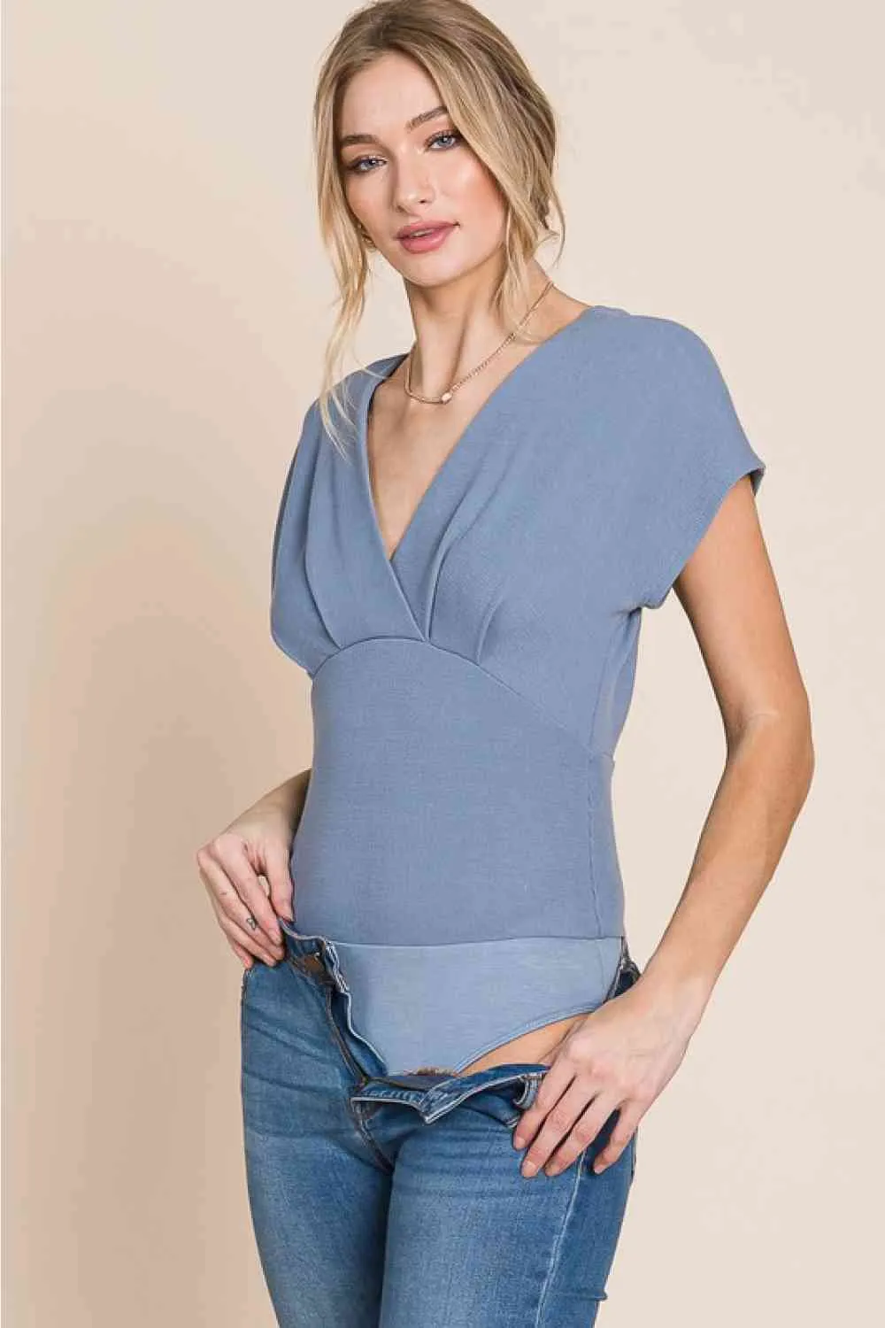 Flatter Me V-Neck Bodysuit - Beautiful Misty Blue Color