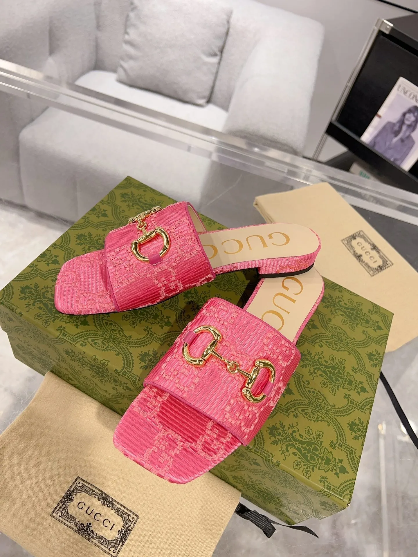 GG CHUNKY SLIDE SANDAL BRIGHT PINK CALFSKIN