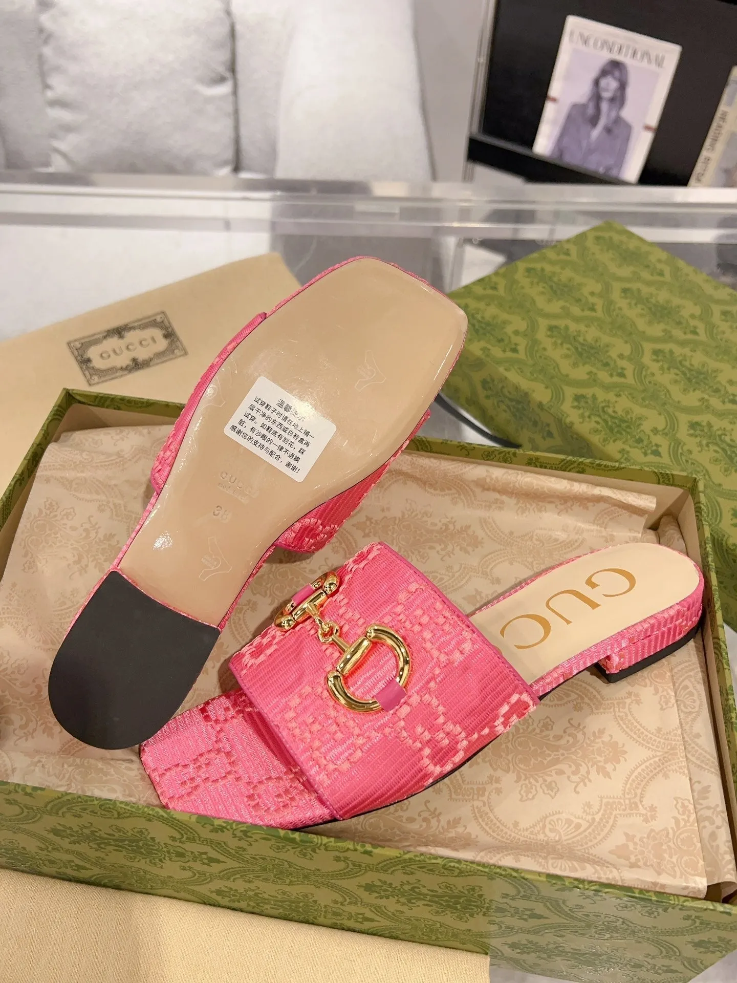 GG CHUNKY SLIDE SANDAL BRIGHT PINK CALFSKIN