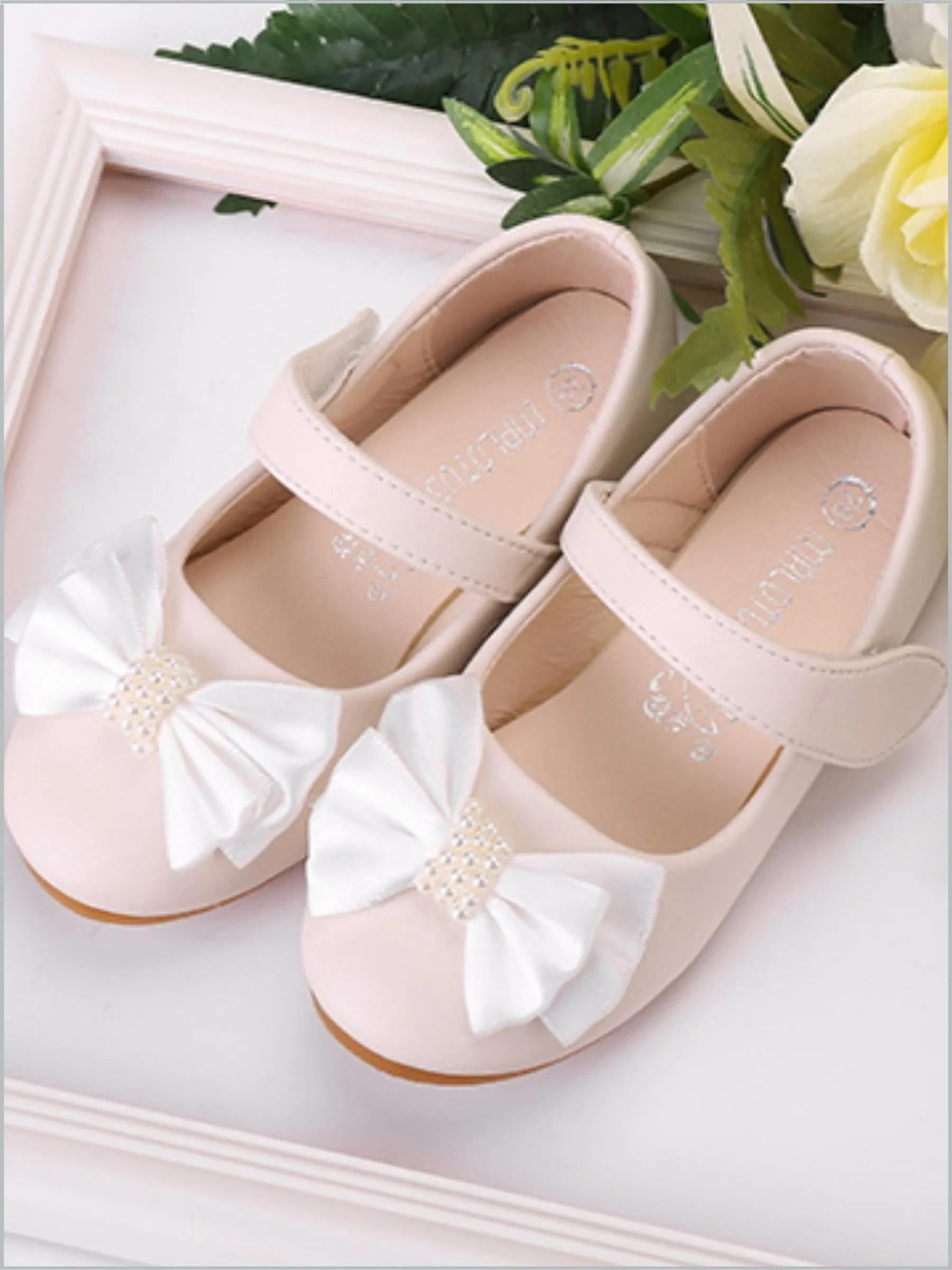 Girls Pearl Embellished Bow Tie Mary Jane Flats By Liv and Mia