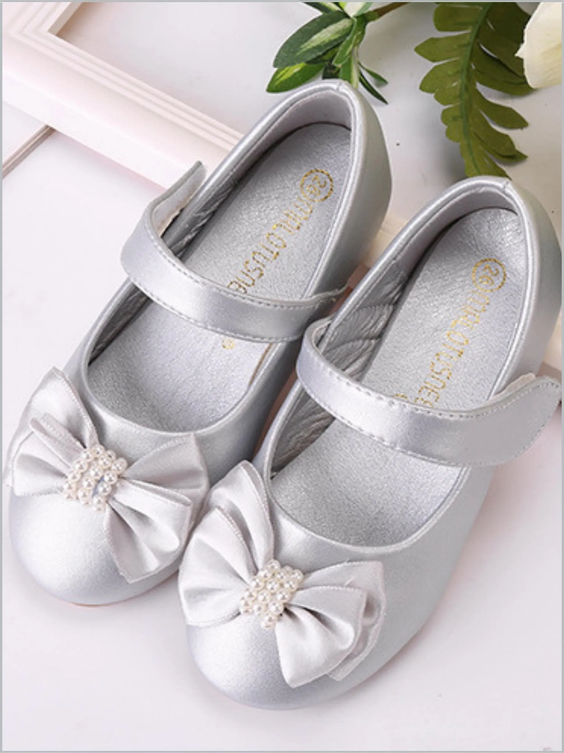 Girls Pearl Embellished Bow Tie Mary Jane Flats By Liv and Mia