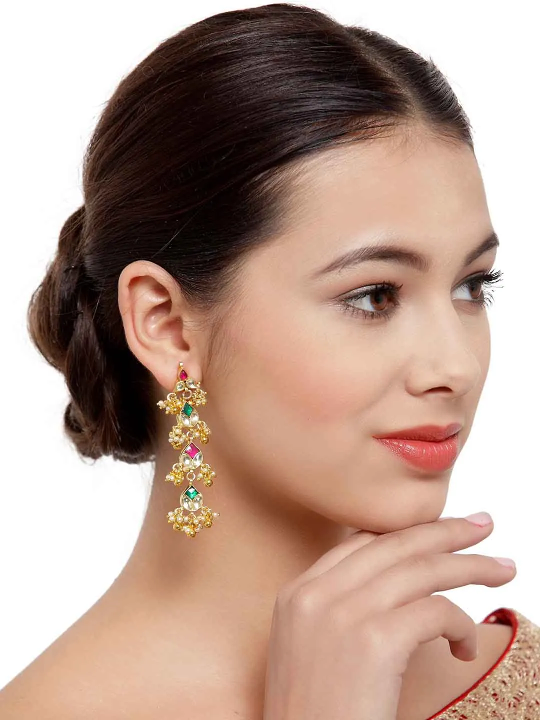 Gold-Plated & Green Kundan Handcrafted Classic Drop Earrings