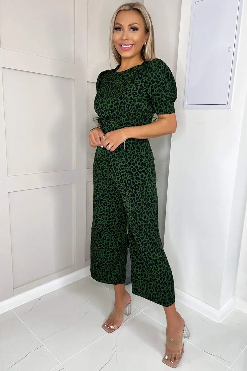 Green Animal Print Round Neck Short Sleeve Jumpsuit