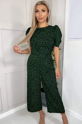 Green Animal Print Round Neck Short Sleeve Jumpsuit