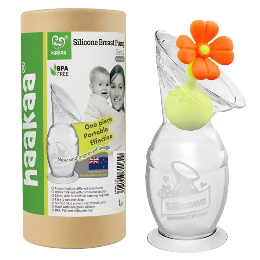 Haakaa Silicone Breast Pump & Flower Stopper (Orange)