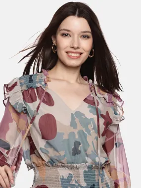 IS.U Floral  Abstract Smocked- Sleeve Top