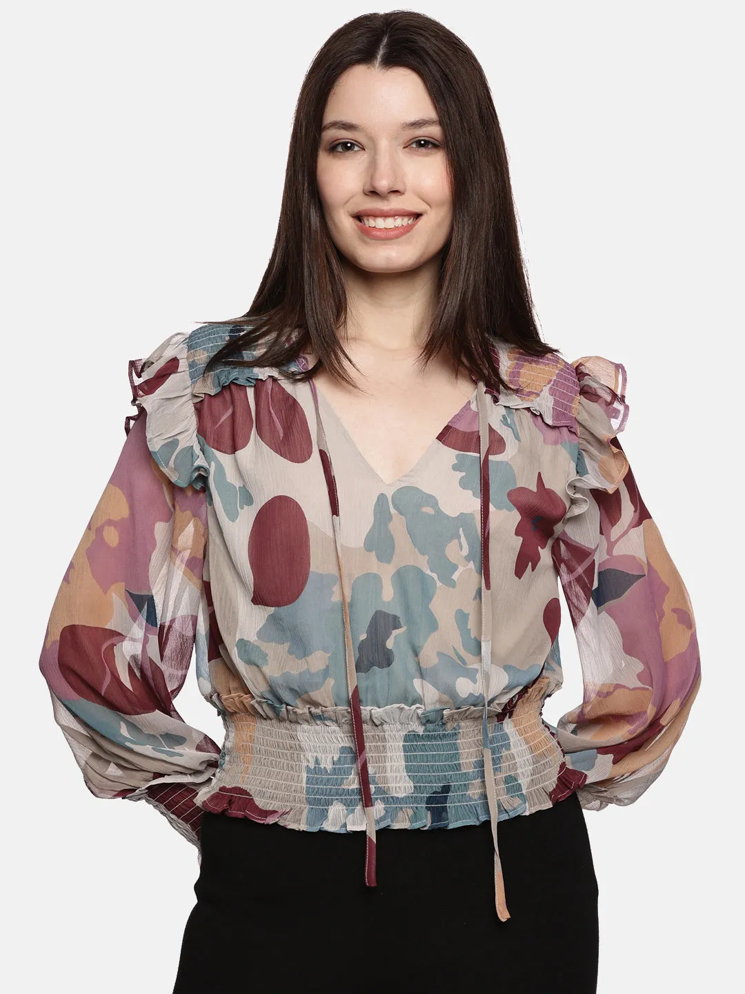 IS.U Floral  Abstract Smocked- Sleeve Top