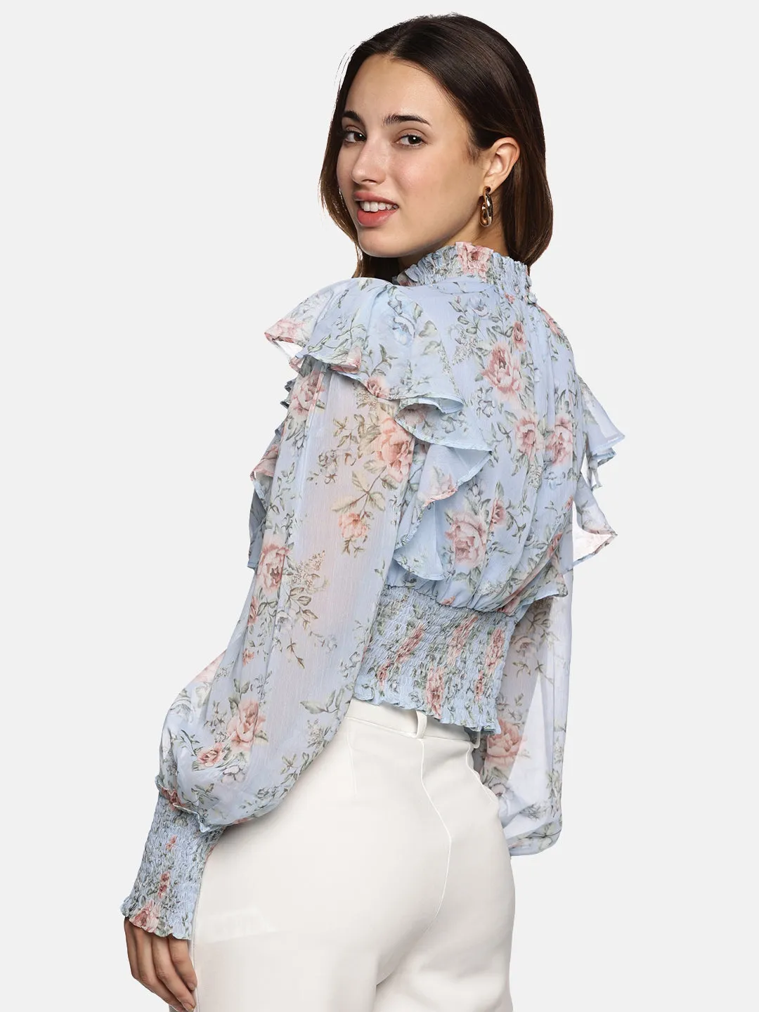 IS.U Floral Mutlicolor Gathered Smocked Sleeve Top