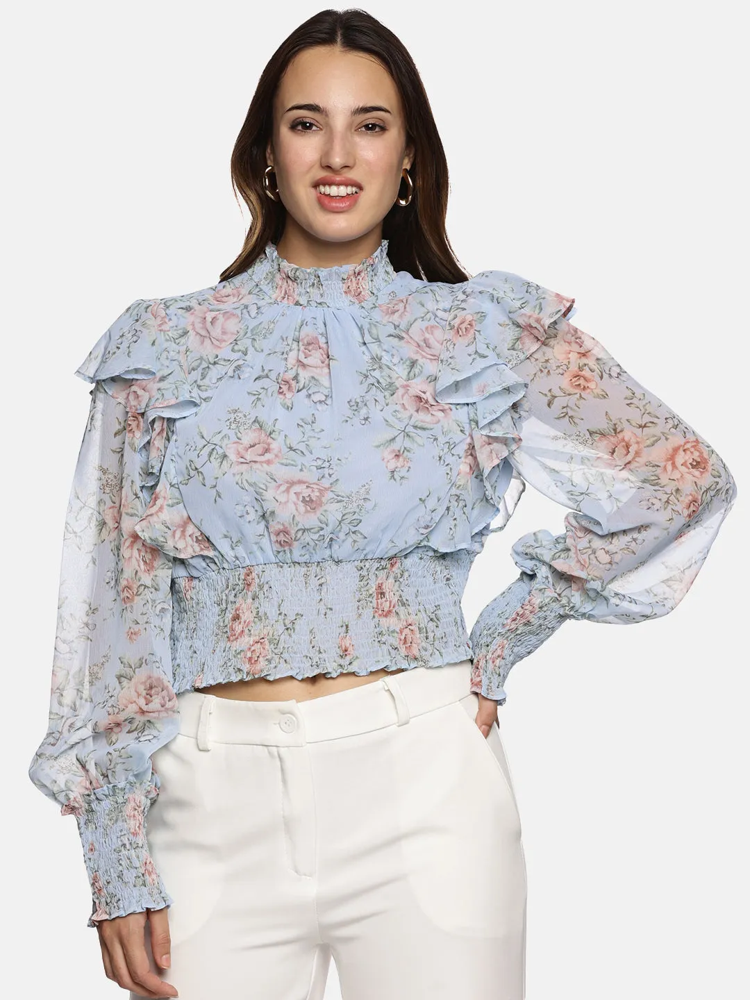 IS.U Floral Mutlicolor Gathered Smocked Sleeve Top