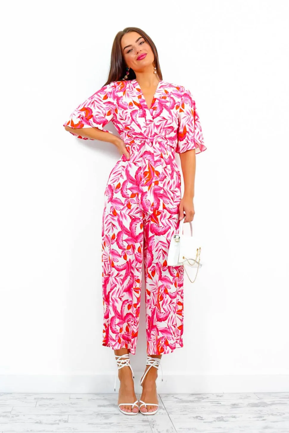 Knot Basic - Pink Multi Tropical Print Jumpsuit