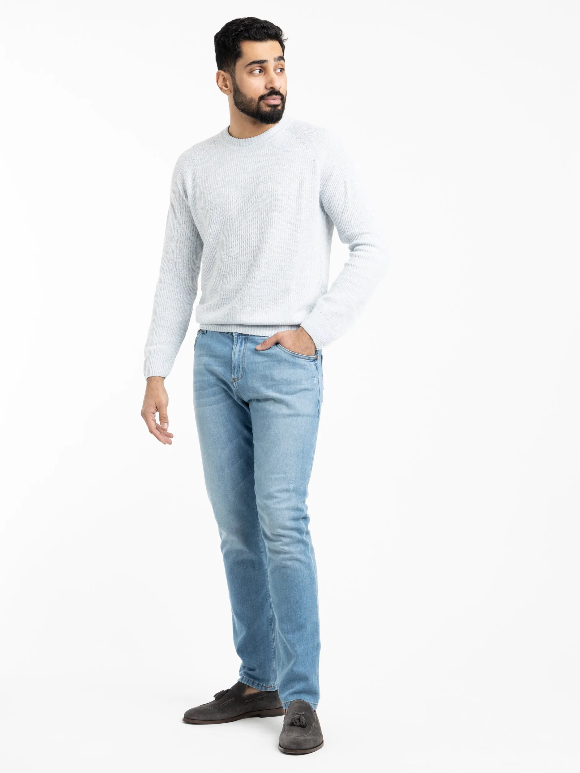 Light Blue Ribbed Flax-Cotton Crewneck Sweater