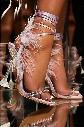 Lilac Feather Lace-Up Heeled Sandals Strappy Slingback Open Square Toe Clear Heels For Women