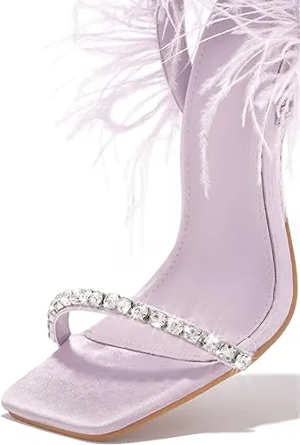 Lilac Feather Lace-Up Heeled Sandals Strappy Slingback Open Square Toe Clear Heels For Women