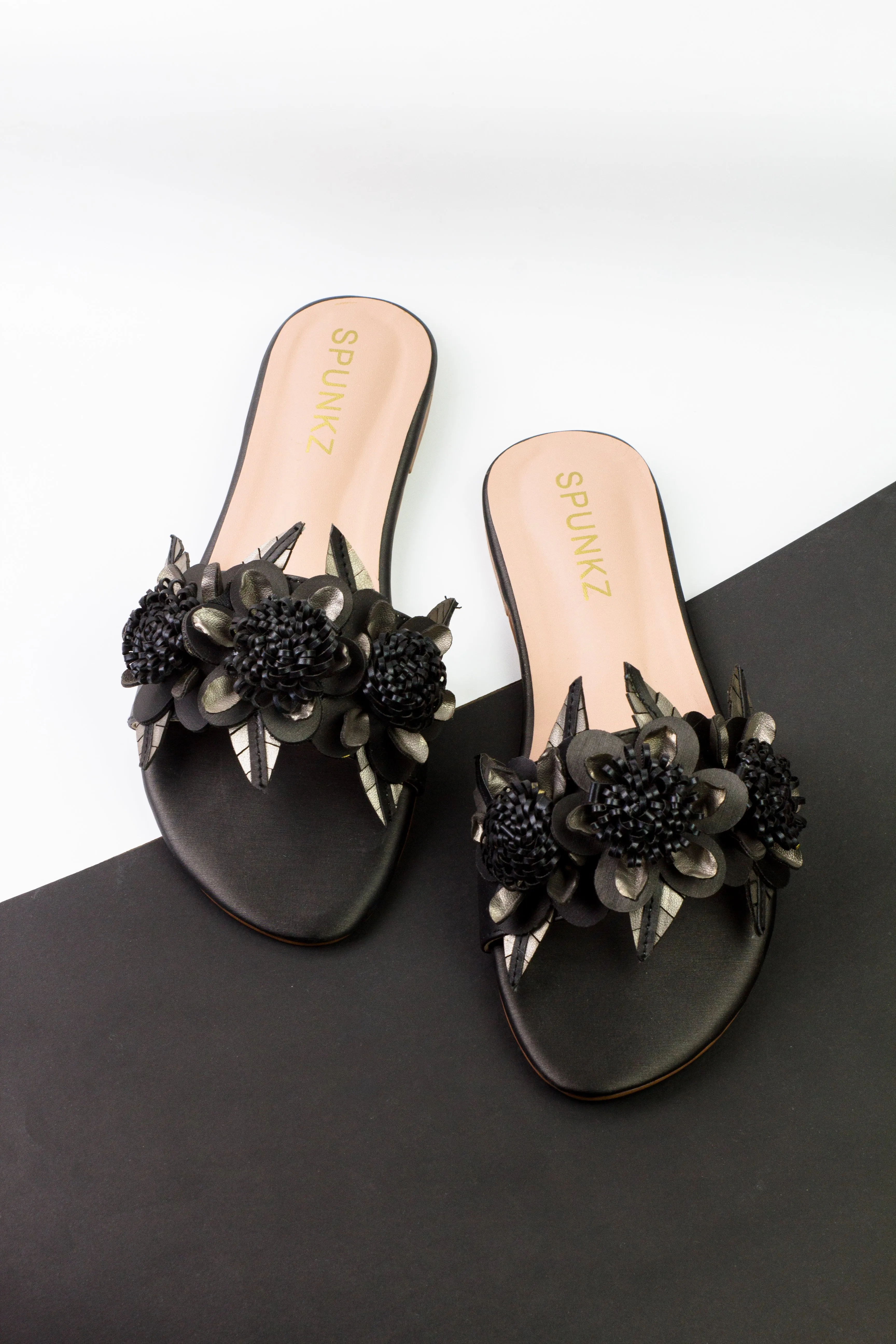 Lilico floral embellishments black sleek slide sandals