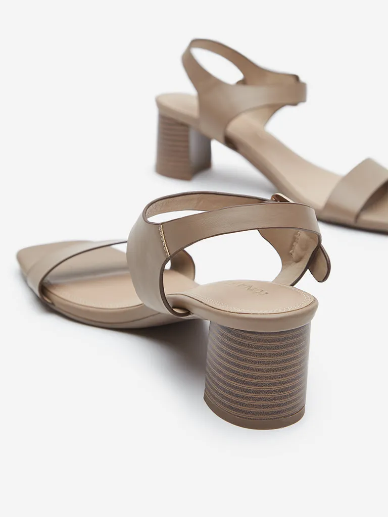 LUNA BLU Taupe Solid Ankle-Strap Block Heel Sandals