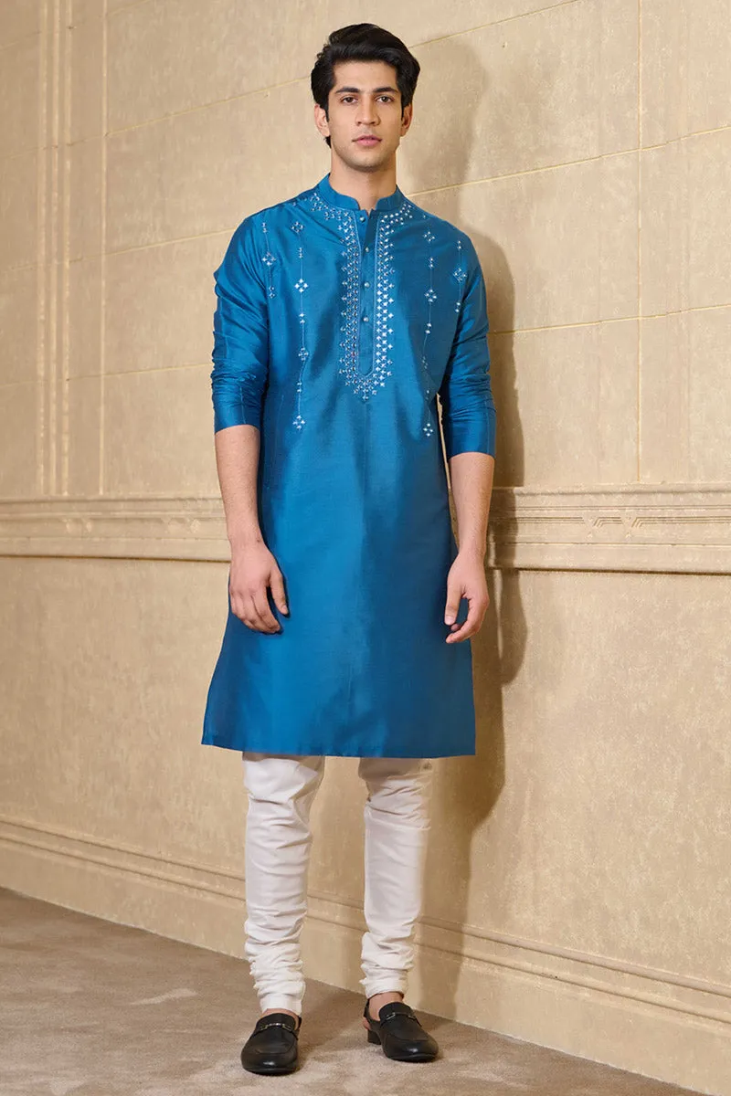 Medium Blue Kurta Set With Mirror Work Highlights