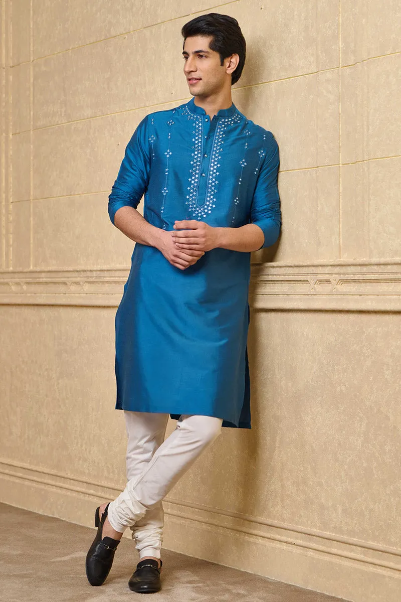 Medium Blue Kurta Set With Mirror Work Highlights