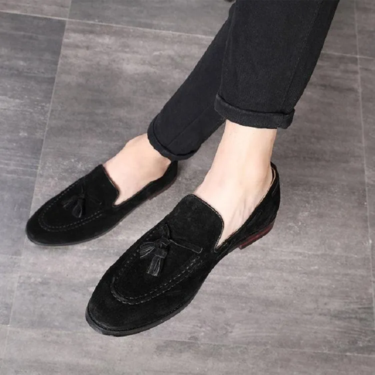 Men's Suede Slip-On Loafers with Tassels – Comfortable Leather Peas Shoes