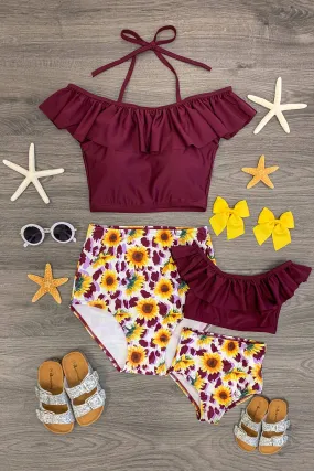 Mom & Me - Plum Sunflower Ruffle Bikini