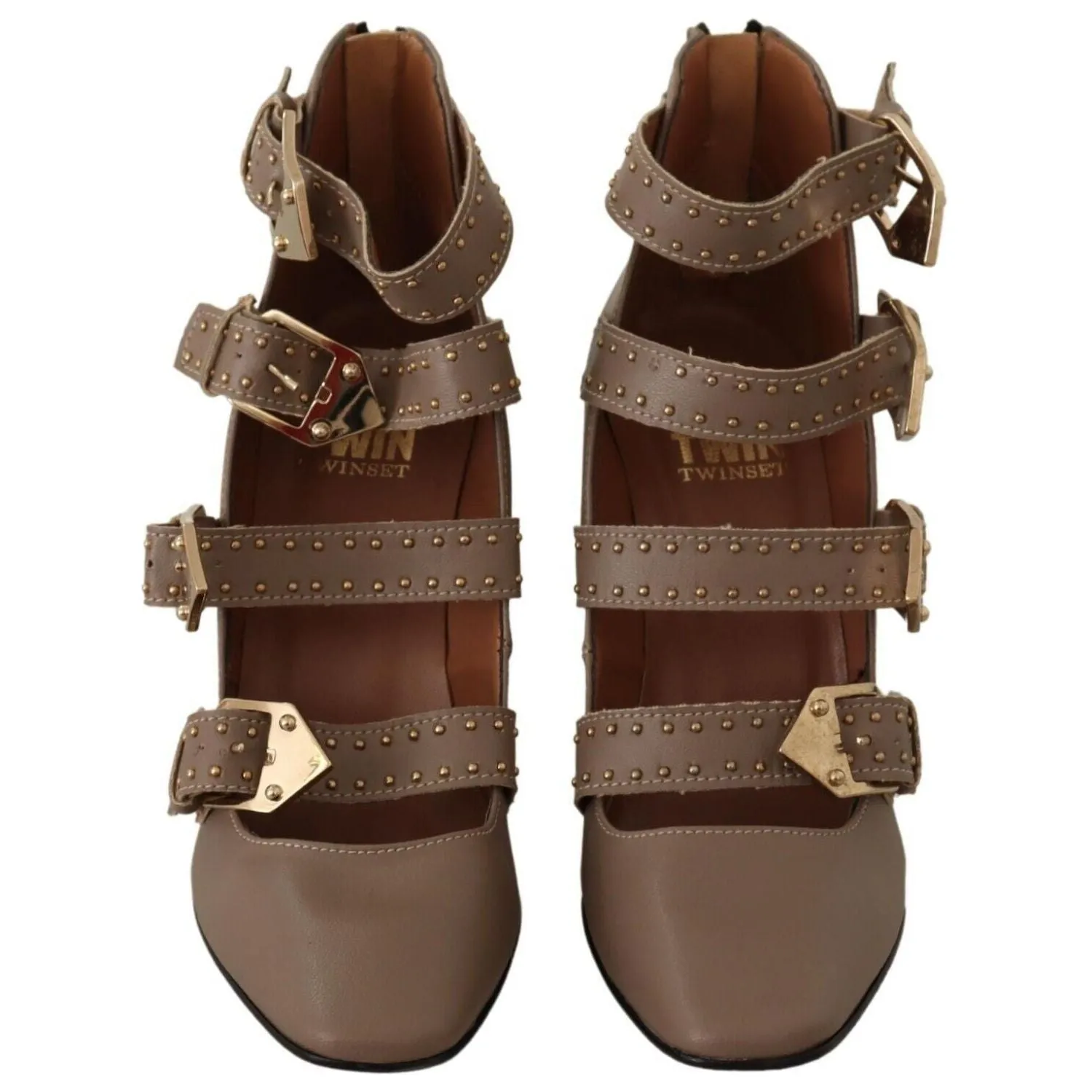 MY TWIN Elegant Leather Multi-Buckle Heels in Brown