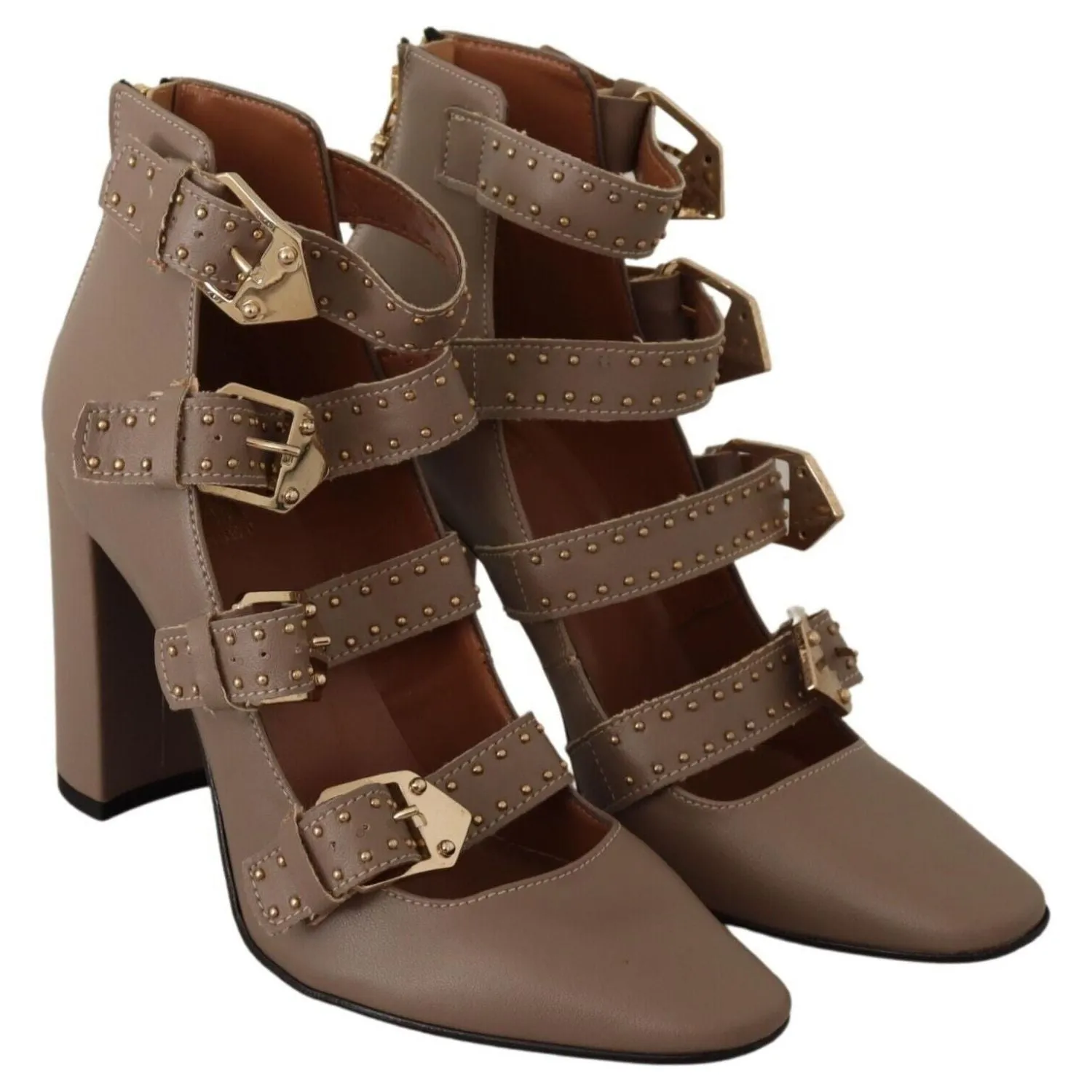 MY TWIN Elegant Leather Multi-Buckle Heels in Brown