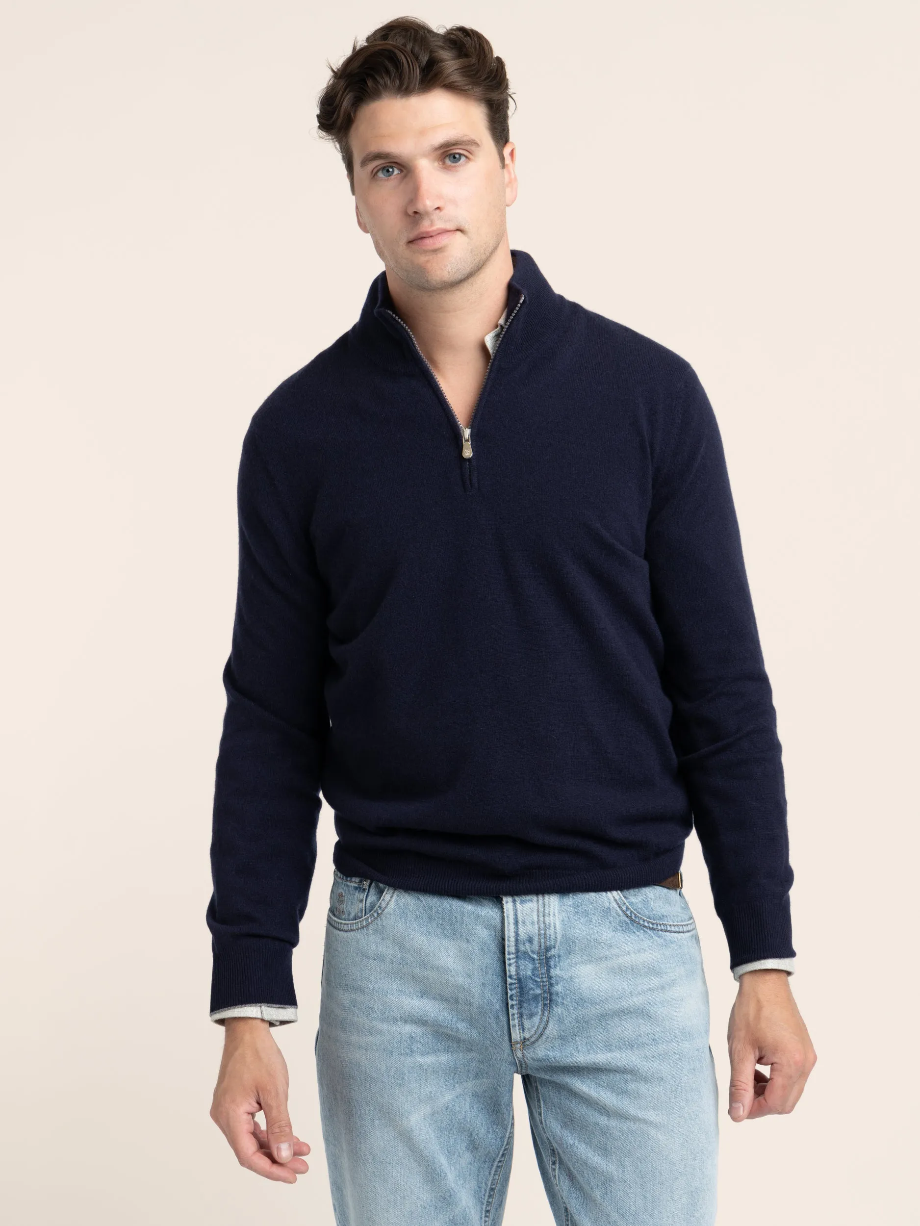 Navy Cashmere Quarter Zip Sweater