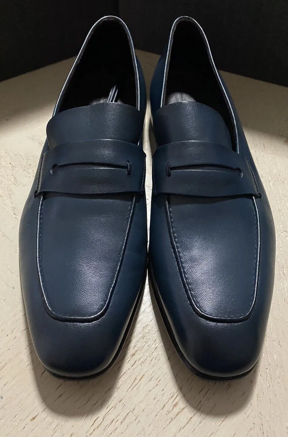 New $775 Ermenegildo Zegna Iconic Moccasin Leather Loafers Shoes MD Blue 11 US