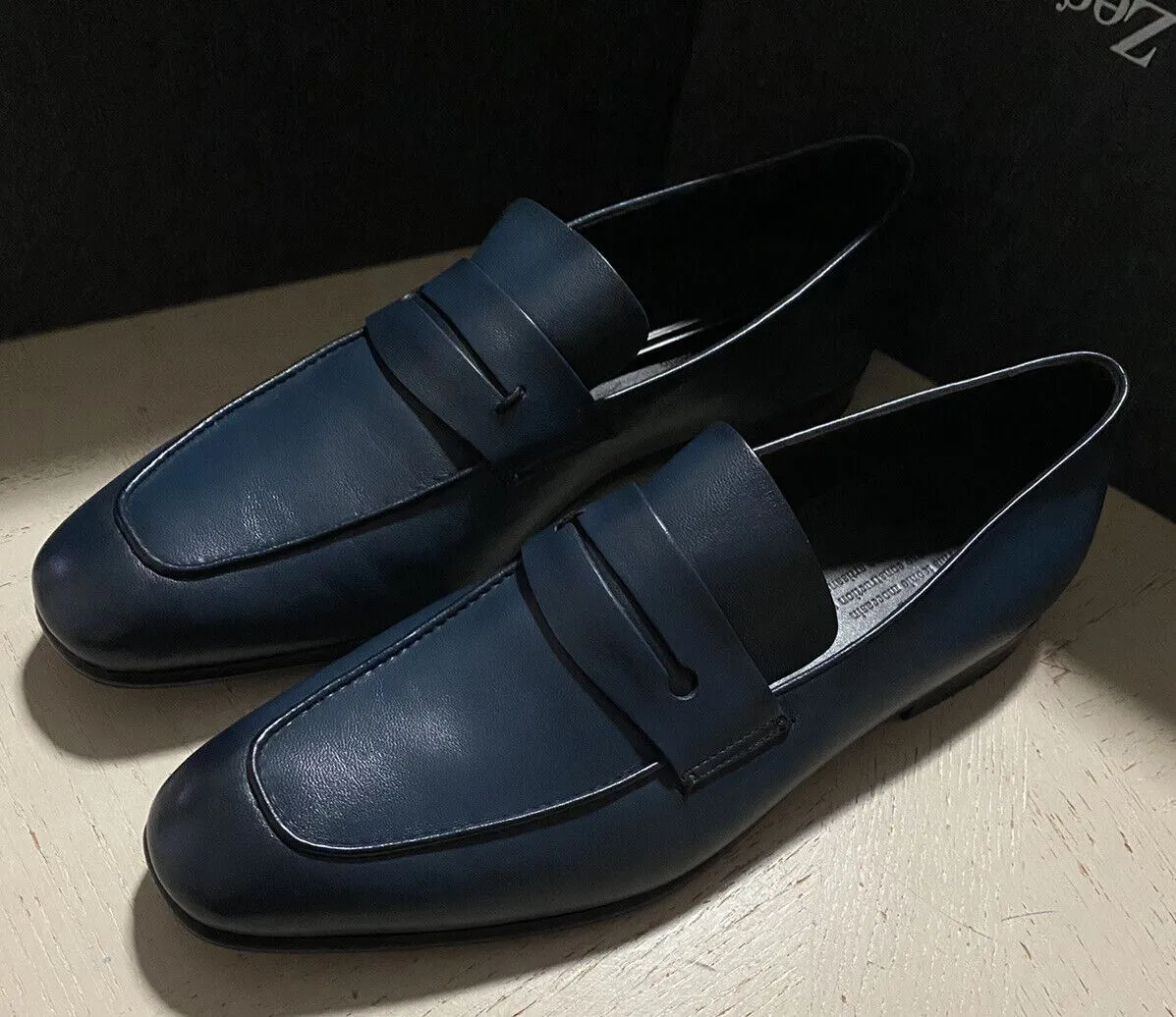 New $775 Ermenegildo Zegna Iconic Moccasin Leather Loafers Shoes MD Blue 11 US