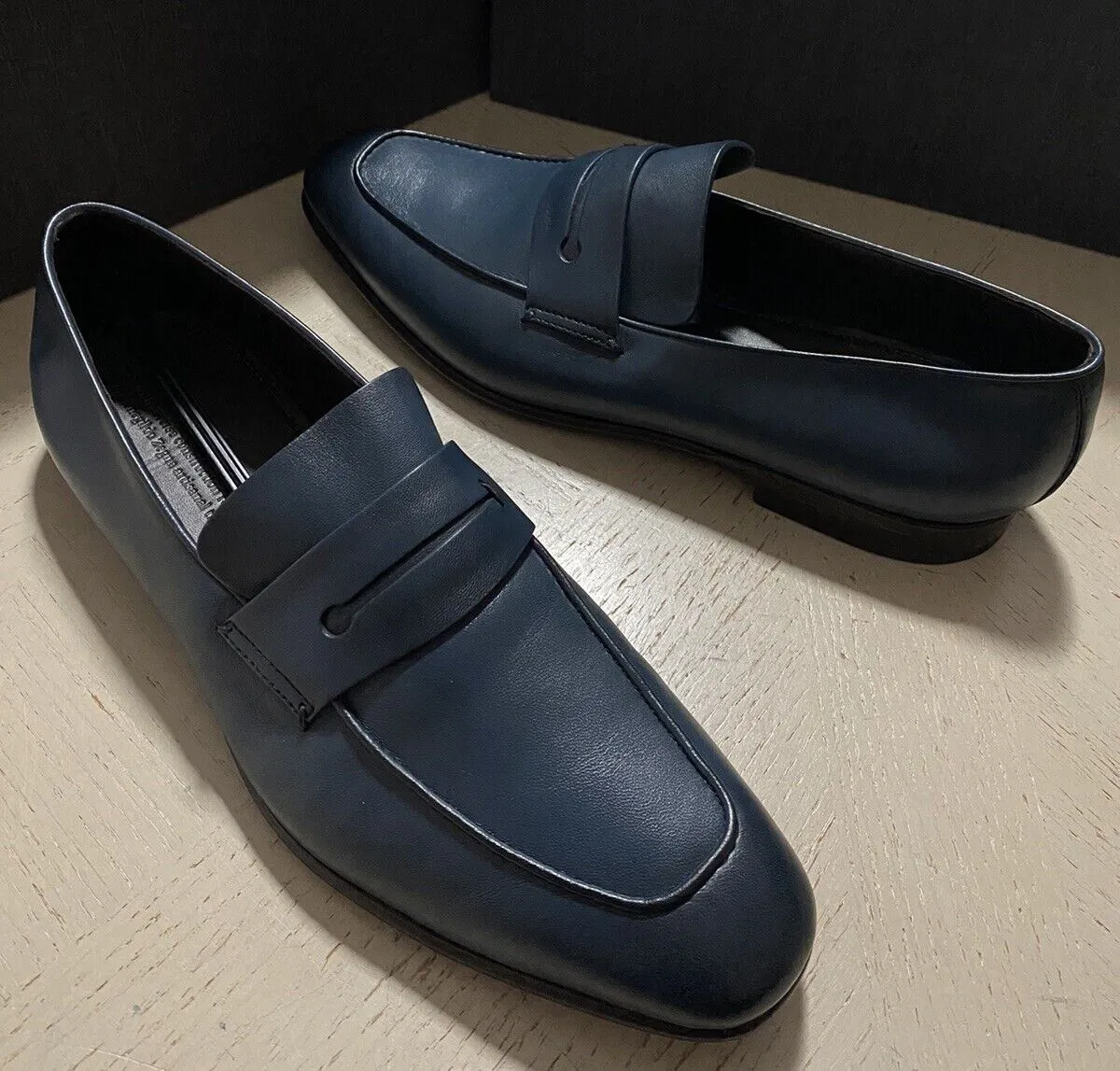 New $775 Ermenegildo Zegna Iconic Moccasin Leather Loafers Shoes MD Blue 11 US