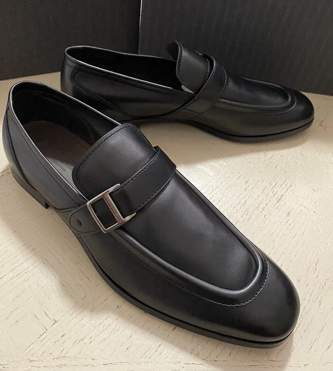 New $795 Ermenegildo Zegna Moccasin Leather Loafers Shoe Black 13 US Italy