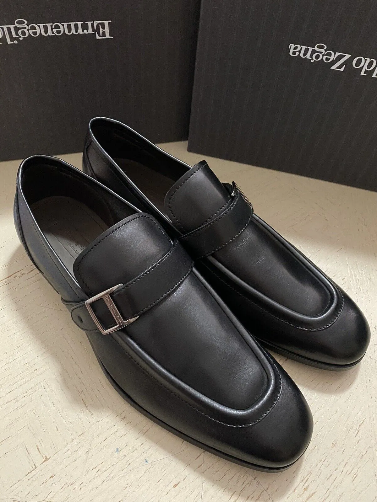 New $795 Ermenegildo Zegna Moccasin Leather Loafers Shoe Black 13 US Italy