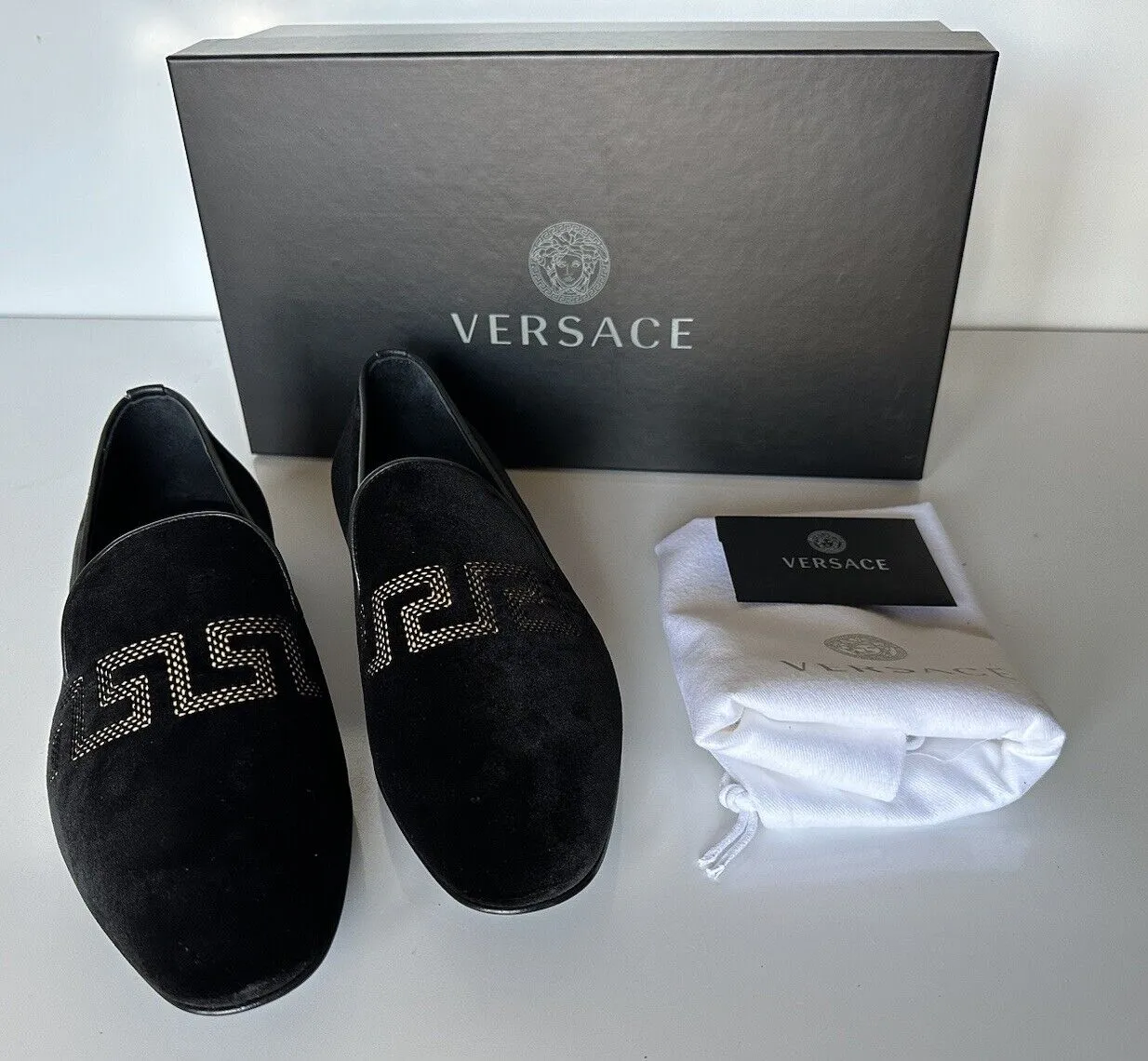 NIB $850 VERSACE Greca Men's Suede Black Loafers Shoes 7 US (40 Euro) IT 1003792