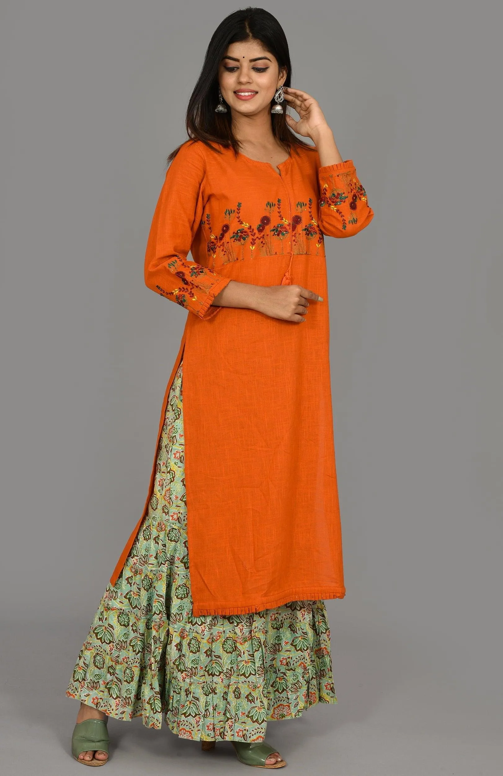 Orange Thread Embroidery Kurta Sharara Set