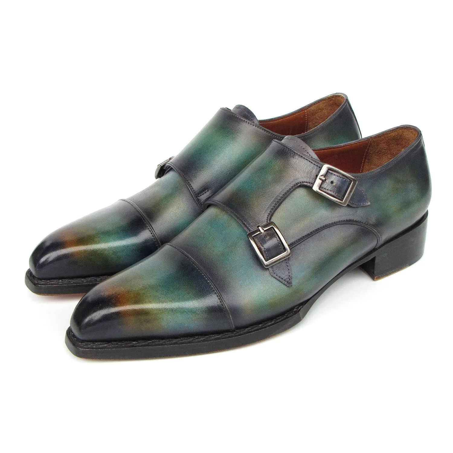 Paul Parkman 2598-5BG Men's Shoes Green & Blue Hand-Painted Leather Cap Toe Double Monkstraps Loafers (PM6395)