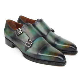 Paul Parkman 2598-5BG Men's Shoes Green & Blue Hand-Painted Leather Cap Toe Double Monkstraps Loafers (PM6395)