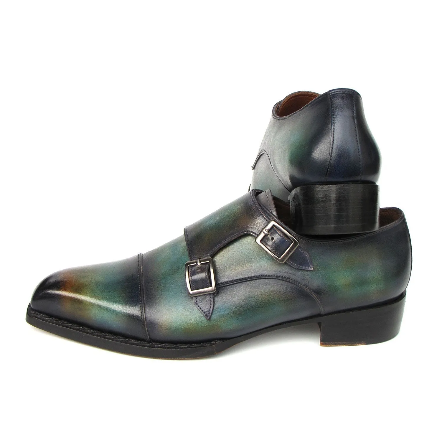 Paul Parkman 2598-5BG Men's Shoes Green & Blue Hand-Painted Leather Cap Toe Double Monkstraps Loafers (PM6395)