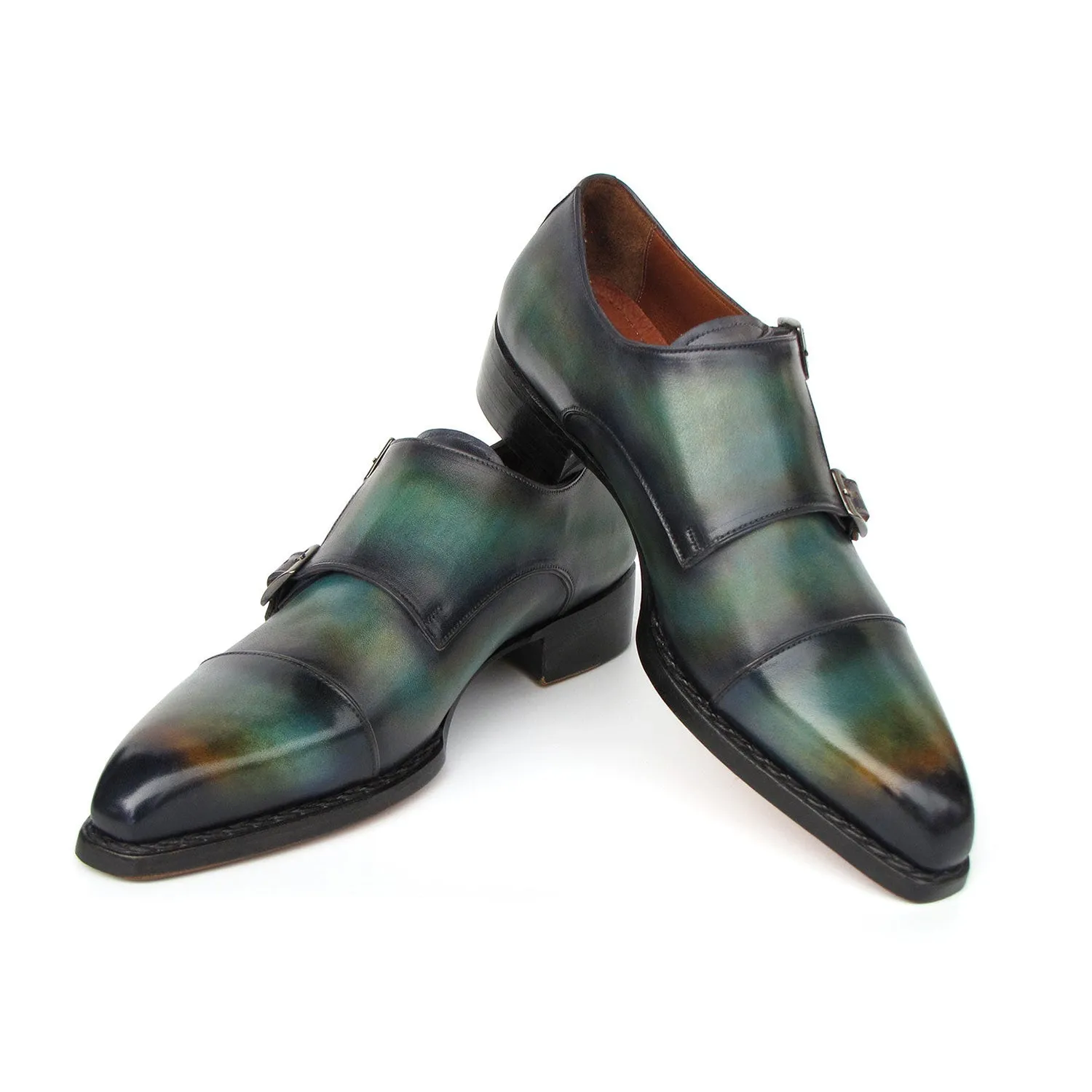 Paul Parkman 2598-5BG Men's Shoes Green & Blue Hand-Painted Leather Cap Toe Double Monkstraps Loafers (PM6395)