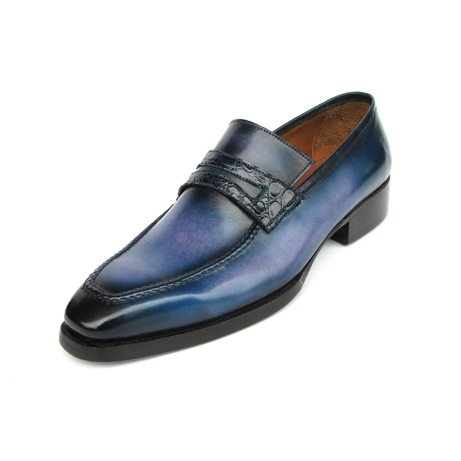 Paul Parkman 6944-BLU Men's Shoes Blue Hand-Painted Leather Goodyear Welted Patina Handmade Loafers (PM6397)