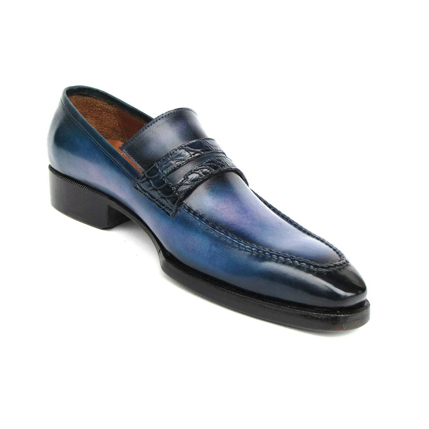 Paul Parkman 6944-BLU Men's Shoes Blue Hand-Painted Leather Goodyear Welted Patina Handmade Loafers (PM6397)